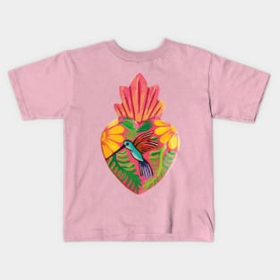 Mexican folk art sacred heart Oaxacan wood carving hand painted flower hummingbird milagrito bold pink decoration Kids T-Shirt